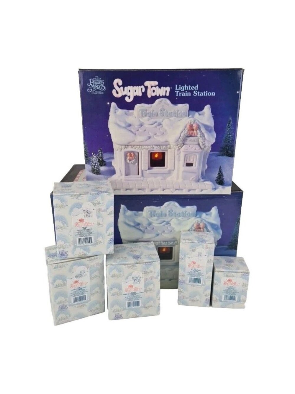 Precious Moments 150193 Sugar Town Lighted Train Station 6 Pc Complete Set